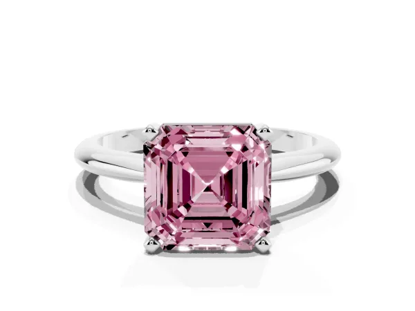 Fancy Pink Asscher Cut Cut Solitaire Ring with Four-Prong Setting on a Classic Band White gold