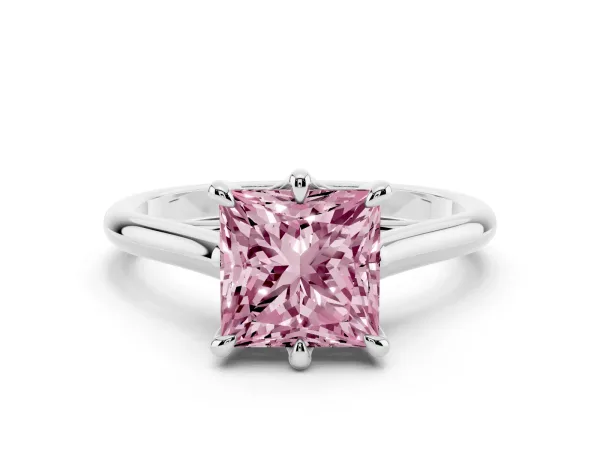 Fancy Pink Princess Cut Solitaire Engagement Ring with Six-Prong Setting and Classic Band Platinum