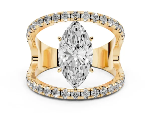 Marquise Cut Solitaire Split Shank Pave Diamond Ring Yellow gold