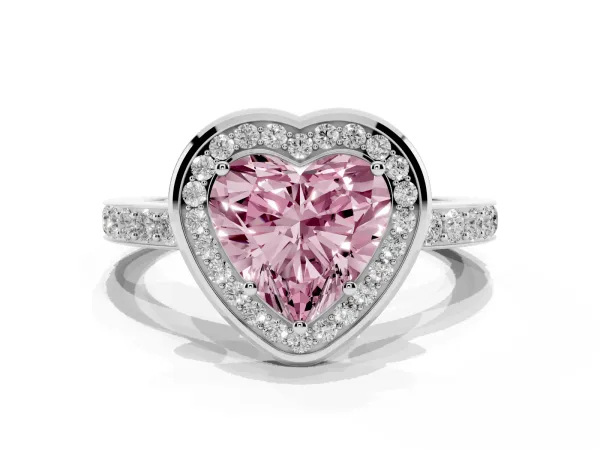 Fancy Pink Heart Cut Diamond Halo Ring with Bezel Frame and Pavé Band White gold