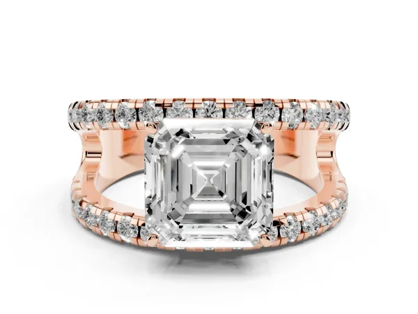 Asscher Cut Solitaire Split Shank Pave Diamond Ring Rose gold