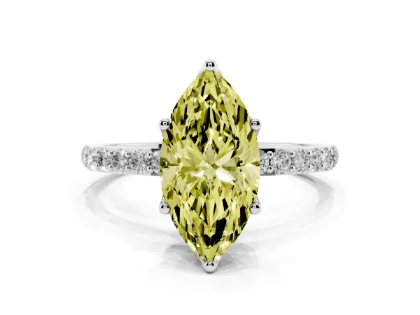 Fancy Yellow Marquise Cut Diamond Solitaire Engagement Ring with Round Pavé Band and Prong Setting Platinum