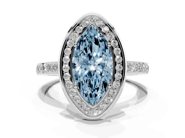 Fancy Blue Marquise Cut Diamond Halo Ring with Bezel Frame and Pavé Band White gold