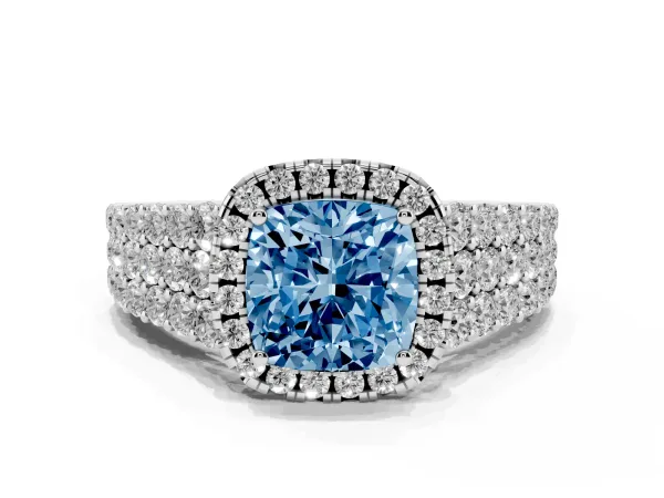 Fancy Blue Cushion Cut Diamond Halo Engagement Ring with Triple Row Round Pavé Band and Prong Setting White gold