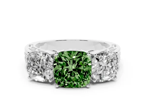 Fancy Green Cushion Cut Diamond Three-Stone Ring with Prong Setting and Textured Band White gold