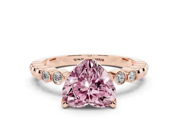 Fancy Pink Heart Cut Solitaire Bezel Accent Diamond Engagement Ring with Beaded Band and Four-Prong Setting Rose gold