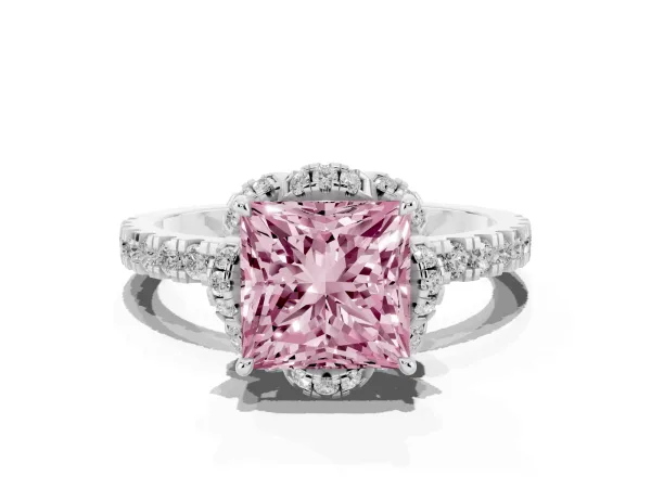 Fancy Pink Princess Cut Diamond Halo Pave Band with Four-Prong Setting Platinum
