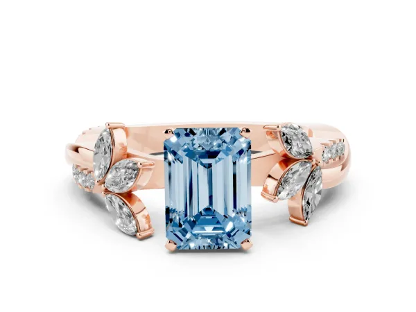 Fancy Blue Emerald Cut Diamond Floral Vine Solitaire Engagement Ring Rose gold