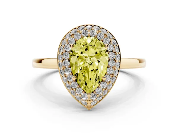 Fancy Yellow Pear Cut Halo Diamond Engagement Ring with Solitaire Band and Four-Prong Setting Yellow gold