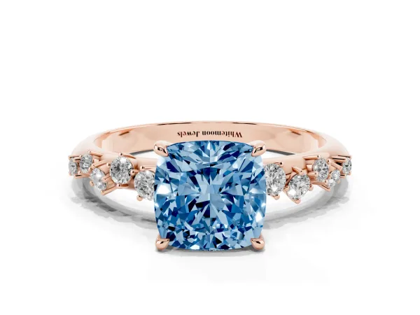 Fancy Blue Cushion Cut Diamond Cluster Side Stone Solitaire Ring with Prong Setting Rose gold