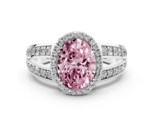 Fancy Pink Oval Cut Diamond Halo Ring with Split Shank Pavé Band and Four-Prong Setting White gold