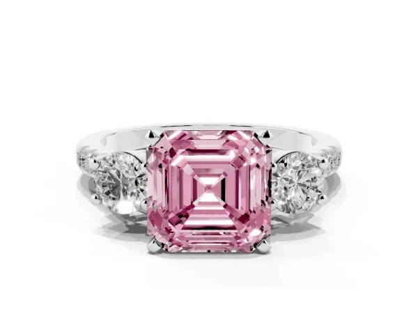 Fancy Pink Three-Stone Asscher Cut Diamond Pavé Band with Four-Prong Setting Platinum