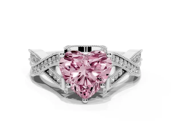 Fancy Pink Heart Cut Cut Diamond Twisted Band with Milgrain Pave Setting and Four-Prong Setting Platinum