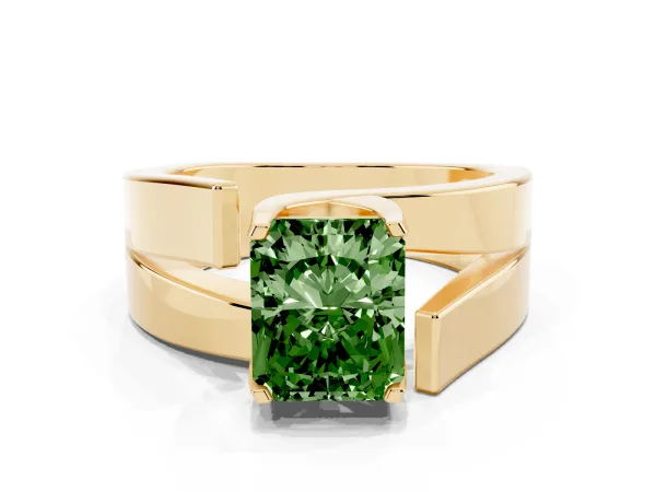 Fancy Green Modern Tension Set Radiant Cut Diamond Solitaire Wide Band Ring Yellow gold