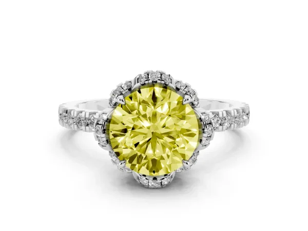 Fancy Yellow Round Cut Halo Diamond Pave Band Ring with Four-Prong Setting White gold