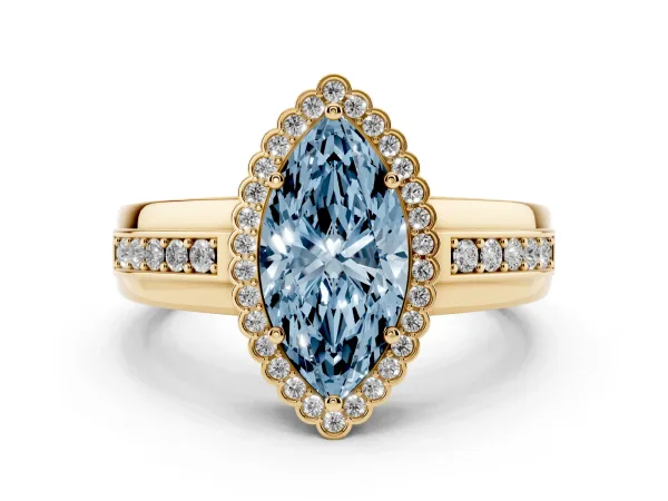 Fancy Blue Marquise Cut Cut Halo Pave Band Four-Prong Ring Yellow gold