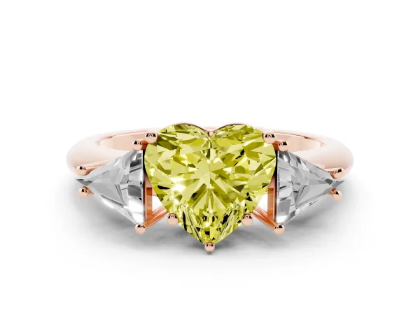 Fancy Yellow Three-Stone Heart Cut Diamond Engagement Ring with Trillion Side Stones and Prong Setting Rose gold