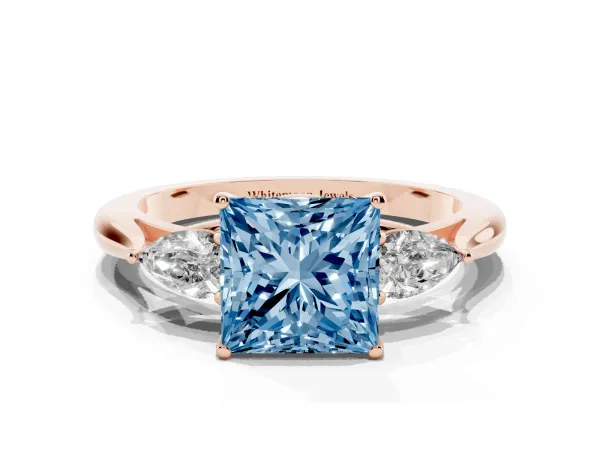 Fancy Blue Princess Cut Diamond Three-Stone Ring with Pear Side Stones and Prong Setting Rose gold