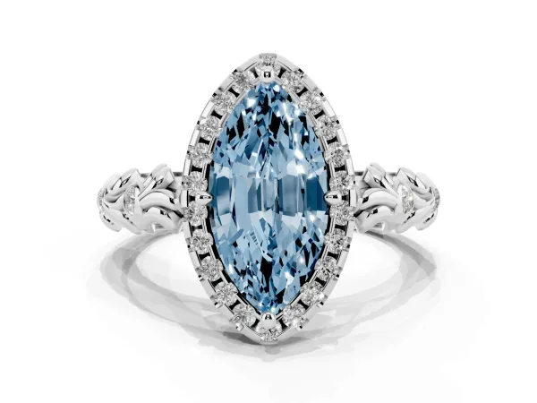 Fancy Blue Marquise Cut Diamond Halo Ring with Filigree Band and Prong Setting Platinum