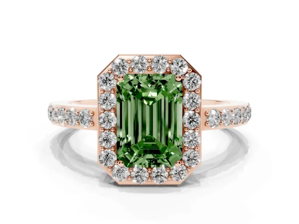 Fancy Green Emerald Cut Halo Diamond Pavé Band Ring with Prong Setting Rose gold
