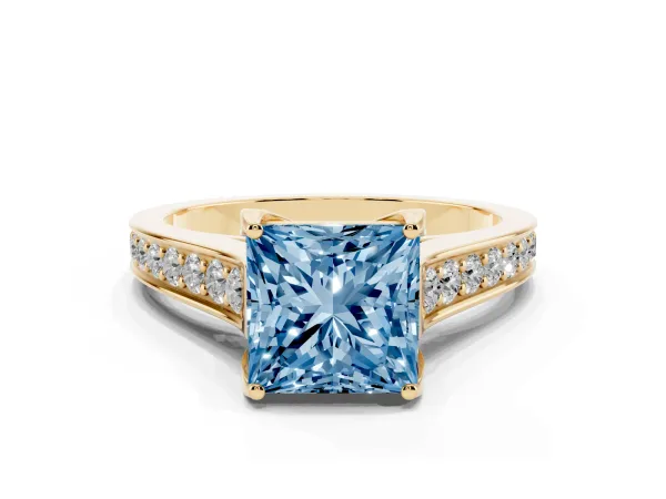 Fancy Blue Princess Cut Brilliant Cut Diamond Engagement Ring with Pavé Band and Four-Prong Setting Yellow gold