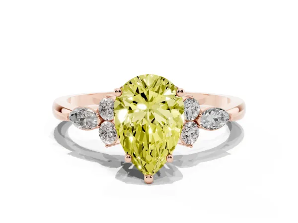 Fancy Yellow Pear Cut Brilliant Diamond Solitaire Ring with Pear Side Stones and Four-Prong Setting Rose gold