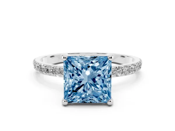 Fancy Blue Princess Cut Diamond Solitaire Ring with Round Pavé Band and Prong Setting White gold