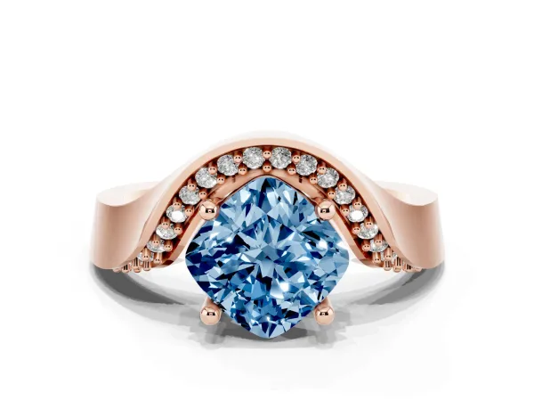 Fancy Blue Cushion Cut Solitaire Diamond Engagement Ring with Pave Band and Four-Prong Setting Rose gold