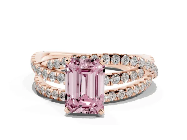 Fancy Pink Emerald Cut Solitaire Twist Band with Pavé Setting and Four-Prong Setting Rose gold