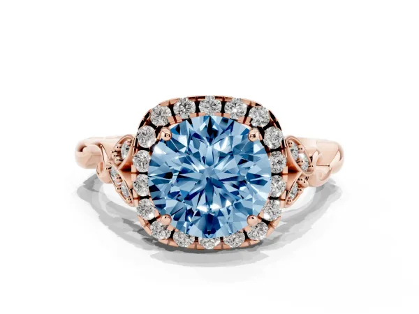 Fancy Blue Round Cut Halo Diamond Engagement Ring with Vintage-Inspired Band and Four-Prong Setting Rose gold