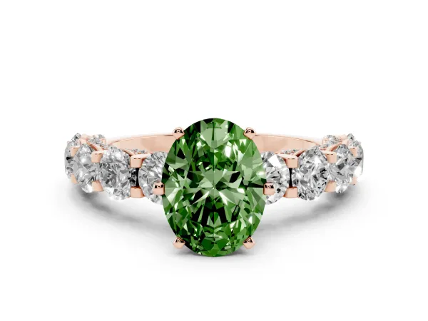 Fancy Green Oval Cut Diamond Side Stone Engagement Ring with Four-Prong Setting Rose gold