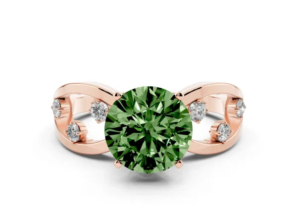 Fancy Green Round Cut Cut Solitaire Diamond with Side Stones on Criss-Cross Band and Four-Prong Setting Rose gold