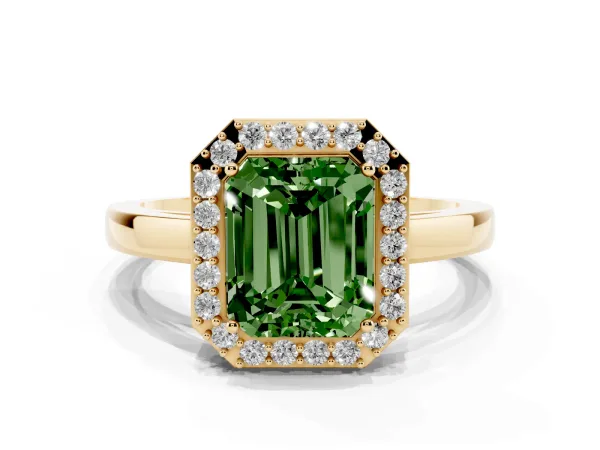 Fancy Green Radiant Cut Halo Diamond Ring with Solitaire Band and Prong Setting Yellow gold