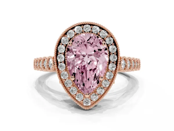 Fancy Pink Pear Cut Halo Milgrain Solitaire with Bezel Set Side Stones and Pave Band Rose gold