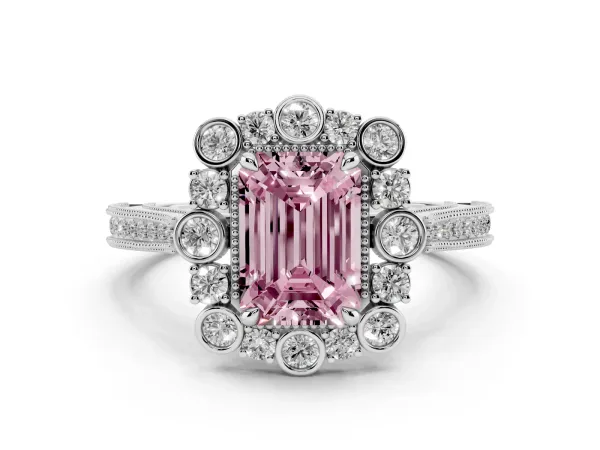 Fancy Pink Emerald Cut Halo Milgrain Pave Diamond Ring with Four-Prong Setting White gold