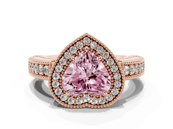 Fancy Pink Heart Cut Cut Halo Diamond Ring with Pavé Band and Four-Prong Setting Rose gold