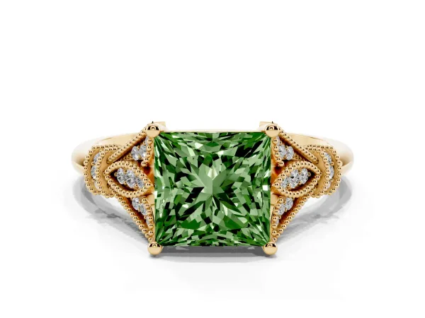 Fancy Green Princess Cut Diamond Solitaire Ring with Floral Filigree and Pave Accents Yellow gold