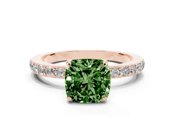 Fancy Green Cushion Cut Diamond Solitaire Engagement Ring with Pavé Band and Four-Prong Setting Rose gold