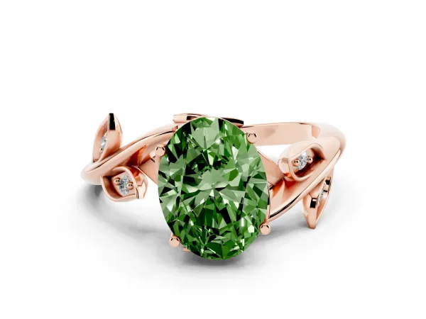 Fancy Green Oval Cut Solitaire Twist Engagement Ring with Leaf Accents and Prong Setting Rose gold