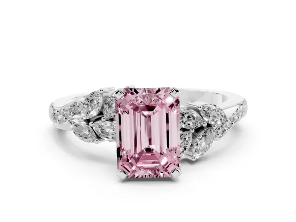 Fancy Pink Emerald Cut Solitaire Marquise Twist Band with Six-Prong Setting Platinum