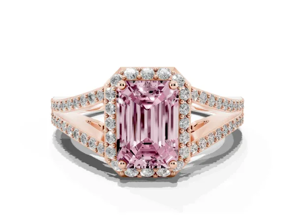 Fancy Pink Emerald Cut Halo Split Shank Diamond Ring with Prong Setting Rose gold