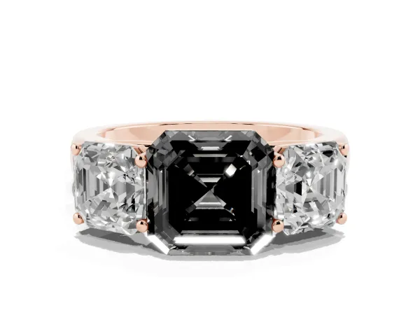 Fancy Black Asscher Cut Three-Stone Diamond Ring with Prong Setting on a Classic Band Rose gold