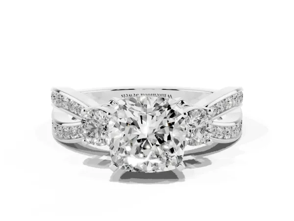 Three-Stone Cushion Cut Cut Diamond Twist Band with Prong Setting White gold