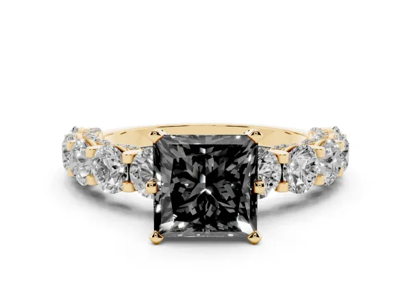 Fancy Black Princess Cut Diamond Side Stone Engagement Ring with Four-Prong Setting Yellow gold