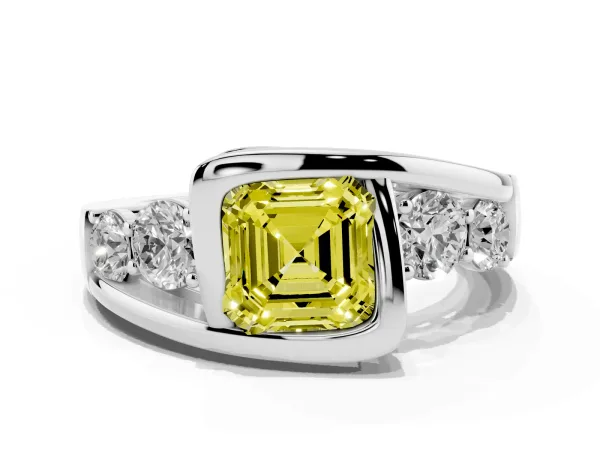Fancy Yellow Bezel Set Asscher Cut Diamond Bypass Ring with Round Accents Platinum