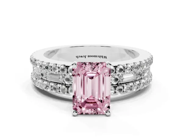 Fancy Pink Emerald Cut Diamond Solitaire Ring with Pavé and Channel Set Band White gold