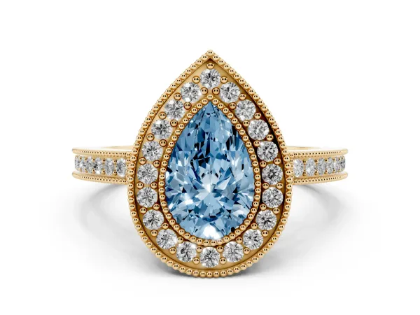 Fancy Blue Pear Cut Cut Halo Diamond Ring with Pavé Band and Milgrain Prong Setting Yellow gold