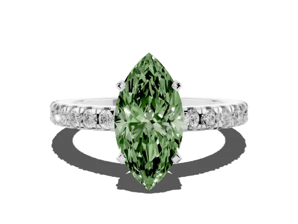 Fancy Green Marquise Cut Solitaire Diamond with Pavé Band and Four-Prong Setting Platinum