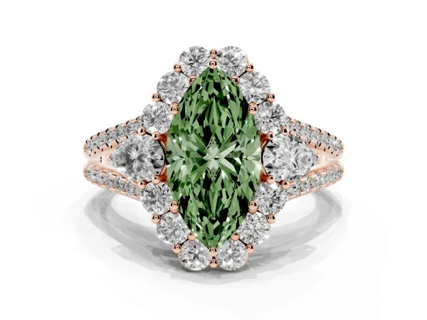 Fancy Green Marquise Cut Halo Split Shank Diamond Engagement Ring with Prong Setting Rose gold