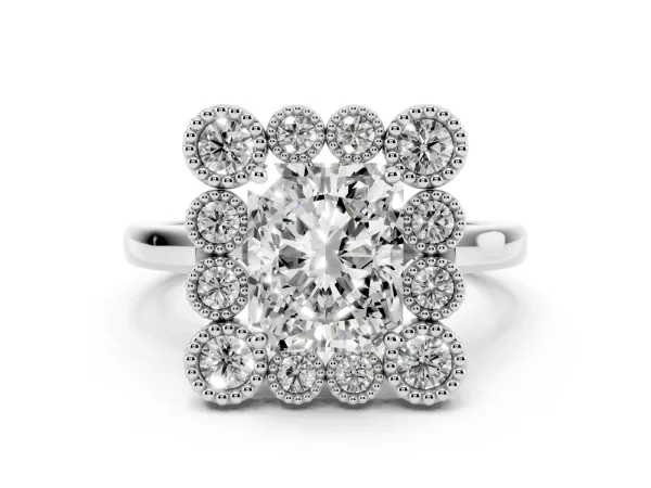 Radiant Cut Halo Diamond Cluster Engagement Ring with Milgrain Bezel Setting and Solitaire Band White gold